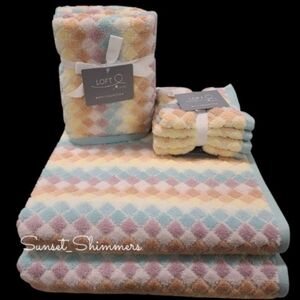 8pc Loft Summer Pastel Rainbow Diamond Check Bath Hand Washcloth Towel Set New